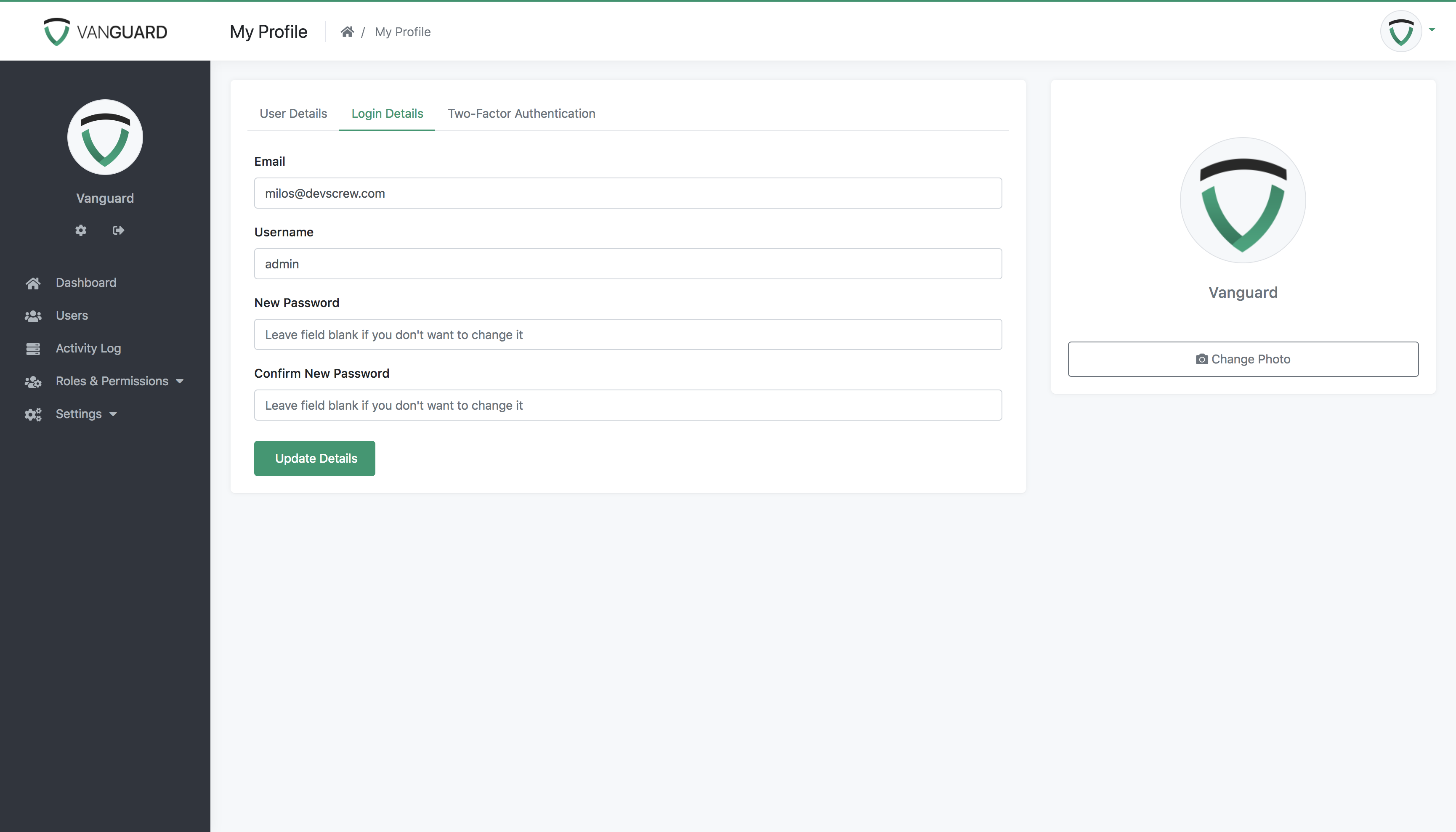Vanguard User Profile - Authentication