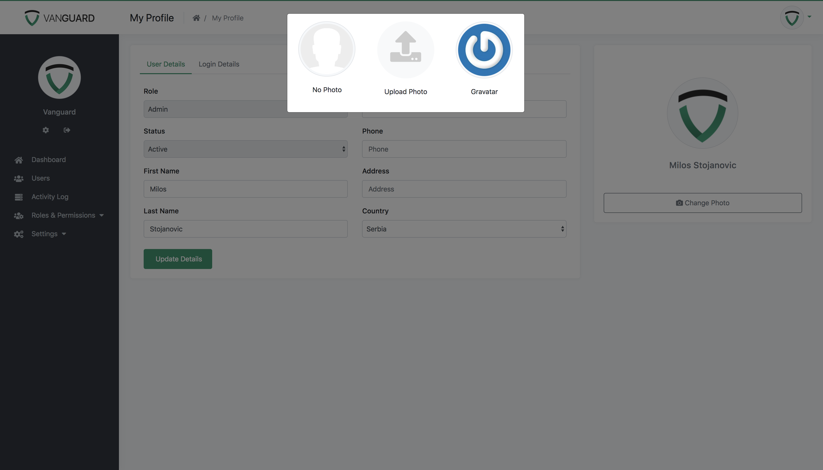 Vanguard User Profile - Avatar Modal