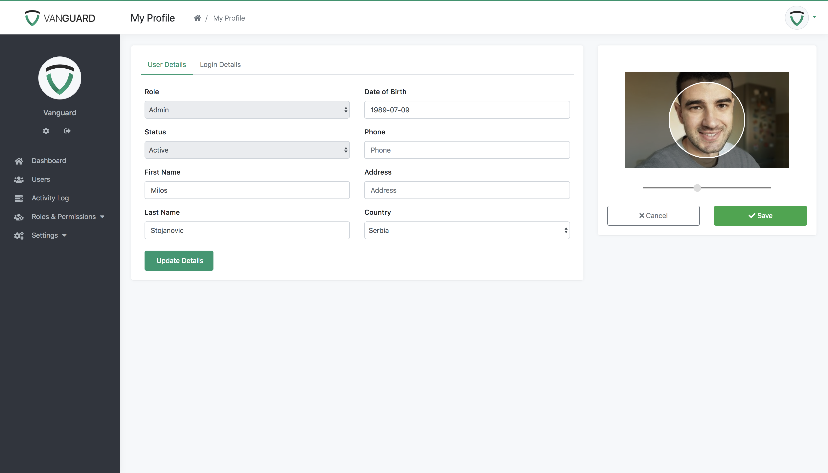 Vanguard User Profile - Avatar Upload